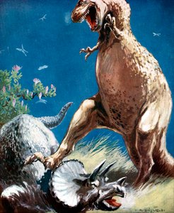 Triceratops, ein gehörntes Dinosaurier, von einem Tyrannosaurus niedergedrückt, ca. 1920 von Unbekannt