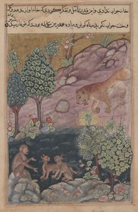 Tuti-Nama Geschichten eines Papageis: Geschichte XXIX, Der Löwe kehrt in sein Territorium zurück und sieht, ca. 1560