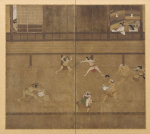 Zweiteiliger Bildschirm, der Ringer darstellt, Edo-Periode, 17. Jahrhundert von Unbekannt
