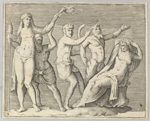 Zwei Figuren, ein Faun und ein Satyr nähern sich einer liegenden Frau, veröffentlicht ca. 1599-1622 von Unbekannt