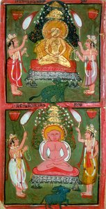 Zwei Jain-Tirthankaras oder Jina-Furtmacher und ihre Anhänger, Region Bundi, Indien, um 1720 von Unbekannt