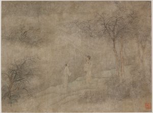 Zwei Männer gehen in einem nebligen Hain, Ming-Dynastie, 1368-1644