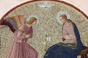 Tympanon-Mosaik, das die Verkündigung darstellt, in der Madonna della Scala Benediktinerabtei, Noci, Apulien, Noci, Italien von Unbekannt