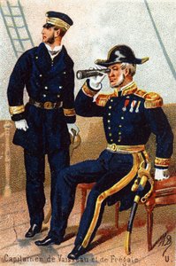 U: Kapitän Schiffe und Fregatte. Gravur in "Militäralphabet". Initialen des Illustrators: A. D. Unbekannter Herausgeber. Chromolithographien Ende des 19. Jahrhunderts. Dim: 10,5x7cm