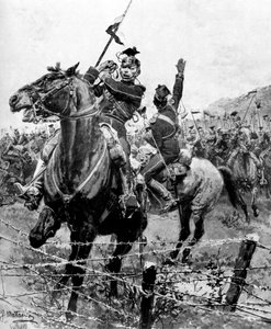 Ulanen durch Stacheldraht bei Lüttich, Belgien, Erster Weltkrieg, 1914 von Unbekannt
