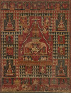 Ushnishavijaya auf dem Thron im Schoß einer Stupa, datiert 1510-19