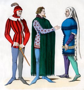 Diener und Herren in Kostümen des 14. Jahrhunderts