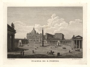 Ansicht des Petersplatzes, Piazza di S. Pietro, mit dem Petersdom und dem antiken ägyptischen Obelisken von Unbekannt