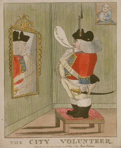 Ansicht eines beleibten Stadtfreiwilligen, der sich im Spiegel bewundert, 1785 von Unbekannt