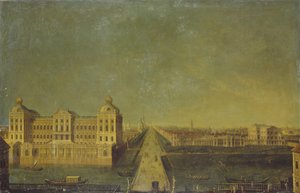 Blick auf den Newski-Prospekt vom Anitschkow-Palast mit dem Haus der Shuvalovs, zweite Hälfte des 18. Jahrhunderts