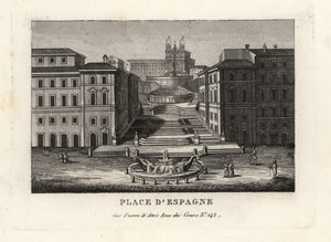 Blick auf die Piazza di Spagna, Fontana della Barcaccia und Spanische Treppe, Rom von Unbekannt