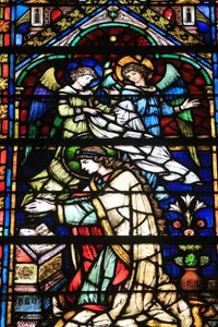 Jungfrau Maria. Details. Krönung der Jungfrau. Glasfenster von Frantz Mayer de Munick 1884. Kapelle Notre Dame de la Ronde. Stephansdom von Metz, Metz, Frankreich von Unbekannt