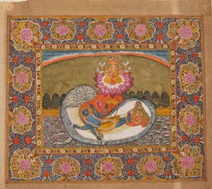 Vishnu und Lakshmi auf der Schlange Shesha, mit Brahma auf der Lotusblume, möglicherweise spätes 19. Jahrhundert
