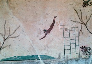 Wandmalerei aus einem griechischen Grab in Paestum eines Schwimmers, 8. Jahrhundert