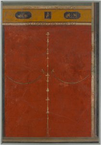Wandmalerei auf rotem Grund: Kandelaber mit Fries, aus der kaiserlichen Villa..., 1. Jahrhundert v. Chr.