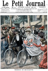 Hochzeitsgesellschaft auf Fahrrädern angeführt von Braut und Bräutigam, Nizza, Frankreich, 1909