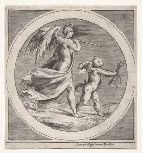 Geflügelte weibliche Figur, drapiert und einen Stab tragend, schreitend hinter einem geflügelten Putto..., ca. 1550-1600 von Unbekannt