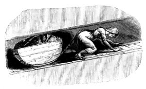 Frau Putter zieht einen Kohleschlitten entlang einer schmalen Naht, Südwales, ca. 1848