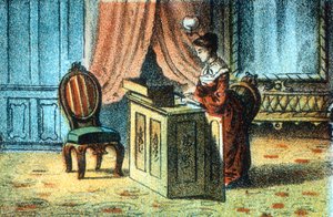 Frau benutzt Nähmaschine, patentiert von Elias Howe, ca. 1878