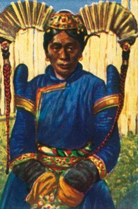 Frau mit traditioneller Kopfbedeckung, Mongolei, ca. 1928 von Unbekannt