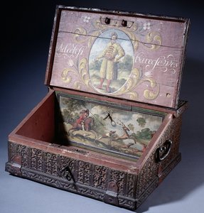 Holzkasse oder Schreibkasten mit Porträt von Peter des Großen Sohn, ca. 1695