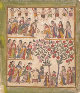 Yashoda bindet Krishnas Hände: Seite aus einem verstreuten Bhagavata Purana Manuskript