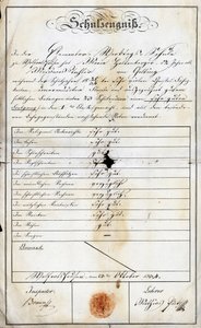 Jahresendzeugnis der Grundschule am Sonntag eines Schülers (Monika Haltenberger, Tochter des Küsters), einer Grundschule vom 24. September 1840, Akademie von Geretsried, Oberbayern, Deutschland, Europa von Unbekannt
