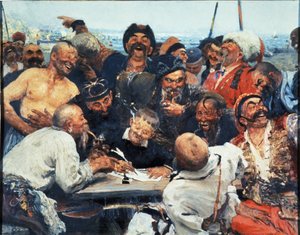 Saporoger Kosaken schreiben einen Brief an den türkischen Sultan, Gemälde von Ilja Repin