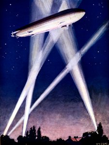 Zeppelin-Luftschiff im Suchscheinwerfer während eines Bombenangriffs über England
