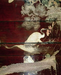 Detail eines Coromandel-Bildschirms mit Reihern, 1619 (Lack) von Unbekannt Unbekannt