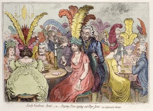 Lady Godivas Rout - oder - Peeping Tom Spying out Pope Joan Satirische Karikatur über modische Bescheidenheit von Unbekannt Unbekannt