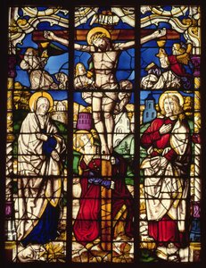 Die Kreuzigung, Glasfenster, wahrscheinlich aus der Abtei Altenberg, bei Köln, vielleicht entworfen vom Maler bekannt als der Meister der Heiligen Sippe, ca. 1500