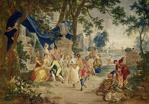Das Dorffest nach D. Teniers, gewebt von LeClerc und J. van der Borg, spätes 17. Jahrhundert, Landschaftsgestaltung wahrscheinlich von Lucas Achtschelling