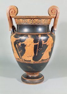 Volutenkrater, Dionysische Szene zeigt rituelle Zerstückelung eines wilden Tieres, attisch, 450-425 v. Chr.