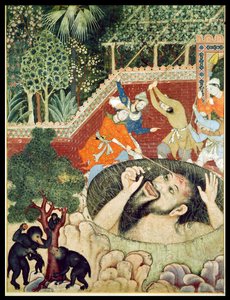 Zumrud Shah fällt in eine Grube und wird von Gärtnern geschlagen, aus dem Hamzanama (Buch von Hamza), aus Indien oder Pakistan, ca. 1562-77