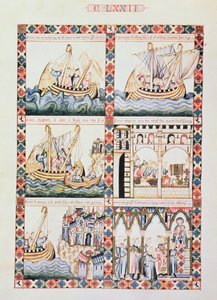 Eine Reise nach Akkon, Illustrationen zu Cantiga 172, eine von 420 musikalischen Kompositionen, die die Wunder der Jungfrau erzählen, geschrieben in Galicisch für Alfons X. 