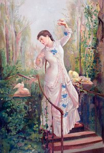 Eine Frau des 19. Jahrhunderts in einem Garten mit Turteltauben, nach dem Gemälde La Tórtola Madre von Ramon Marti y Alsina, aus 