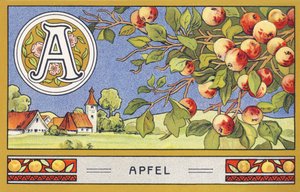 A: Apfel - Alphabet Palmin. Serie von Chromolithografien herausgegeben von H. Schlinck & Cie, Hamburg, o. J. Werbung für Palmin feinstes Kokosfett. Maße: 7 x 11 cm