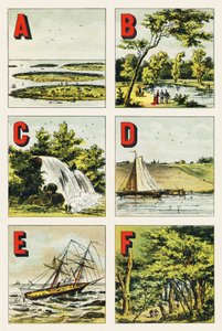 A B C D E F: Archipel, Bois de Boulogne, Wasserfall, Deich, Klippe, Wald von Fontainebleau - Gravur aus Alphabet geographique. Guerin-Muller et Cie, Verleger, Paris von Unbekannt