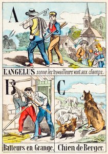 A Beim Angelusläuten gehen die Arbeiter auf die Felder; B Drescher in der Scheune; C Schäferhund - „Alphabet des Bauernhofs“ Ende des 19. Jahrhunderts (Gravur) von Unbekannt