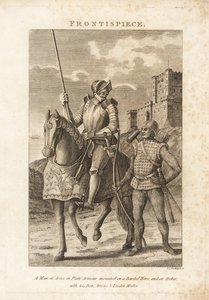 Ein Mann in Plattenrüstung auf einem gepanzerten Pferd und ein Bogenschütze in Kettenhemd mit Bogen, Pfeilen und Bleihammer