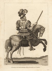 Ein Yeoman der Garde, der Königin Elizabeth I. auf einer Reise begleitet