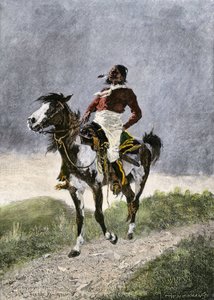 Ein tapferer Comanche, reitet auf einem Pferd in den südlichen Prärien (Texas, Oklahoma, USA), um 1800. Lithographie