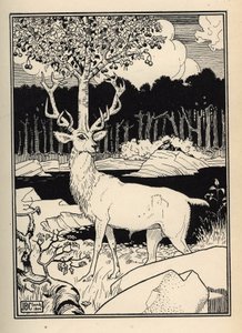 Ein Kirschbaum auf dem Kopf eines Hirsches, getroffen von den Kirschsteinen, die der Baron von Münchhausen schleuderte. Illustration von William Strang (1859-1921) und JB Clark aus „Die Abenteuer des Baron von Münchhausen“ von Rudolf Erich Raspe (1736-1794