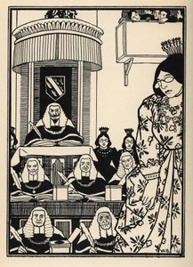 Ein überwiegend weiblicher Hof erscheint dem Baron als eine Ironie, die unter seinen Abenteuern erwähnenswert ist. Illustration von William Strang (1859-1921) und JB Clark aus „Die Abenteuer des Baron von Münchhausen“ von Rudolf Erich Raspe (1736-1794) (17 von Unbekannt