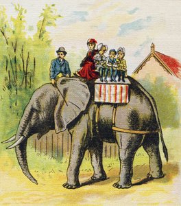 Eine Familie sitzt auf einem Elefanten. Gravur in "ABC L