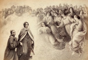 Eine Schar von Schatten nähert sich Dante und Beatrice. Illustration von Canto V in Paradiso der Göttlichen Komödie von Dante Alighieri. Werk von Francesco Scaramuzza, gewidmet der Gemeinde Florenz.