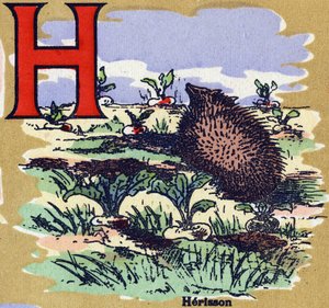 Ein Igel. Illustriertes Alphabet. Bildereien vereint in Jarville-Nancy, Anfang des 20. Jahrhunderts. Dim: 40 x 29 cm. Lithographie auf bistre Hintergrund von Unbekannt