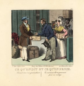 Eine Reihe von Menschen bringt Kisten und Kisten zu einem Träger. Er sagt: Natürlich, mit Vergnügen. Er denkt: Diese Tiere halten mich für ein Förderband! Handkolorierte Lithographie der Gebrüder Gihaut nach einer Illustration des Schweizer Künstlers Jean 