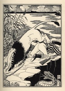 Ein Löwe, der den Baron von Münchhausen angreifen wollte, endete mit einem Krokodil. Illustration von William Strang (1859-1921) und JB Clark aus „Die Abenteuer des Baron von Münchhausen“ von Rudolf Erich Raspe (1736-1794) (1789)